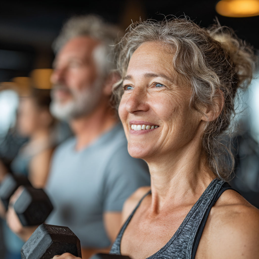 Mature adults exercising together in a modern gym, showing people in their 40s and 50s doing strength training with dumbbells and enjoying their workout session