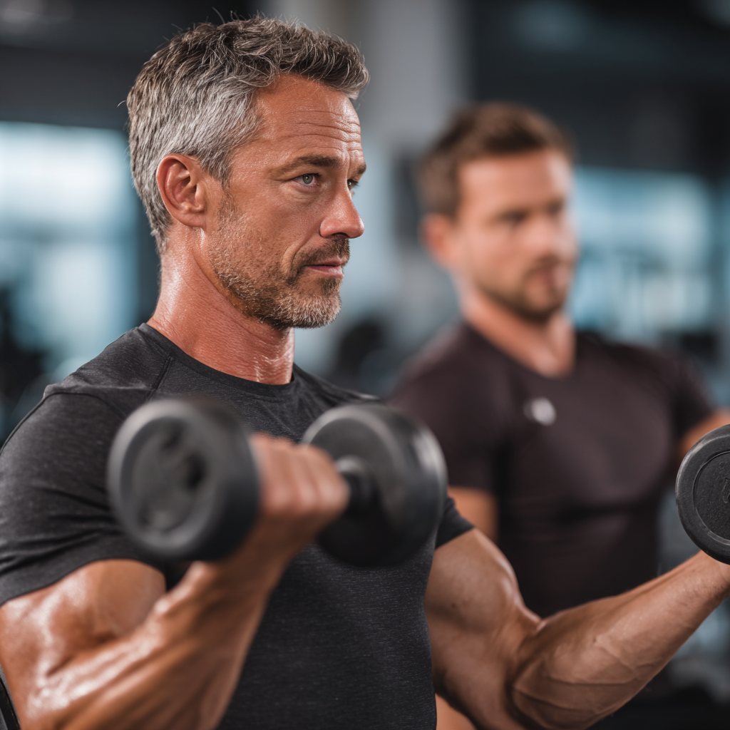 Middle-aged personal trainer working with a client in their late 40s, demonstrating proper form during a strength training exercise in a professional gym setting