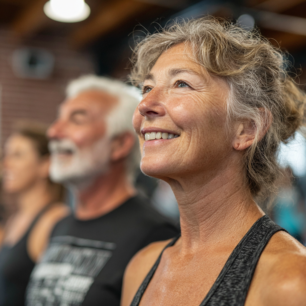 Small group of adults in their 50s participating in a functional fitness class, working together on balance and coordination exercises in a welcoming gym environment